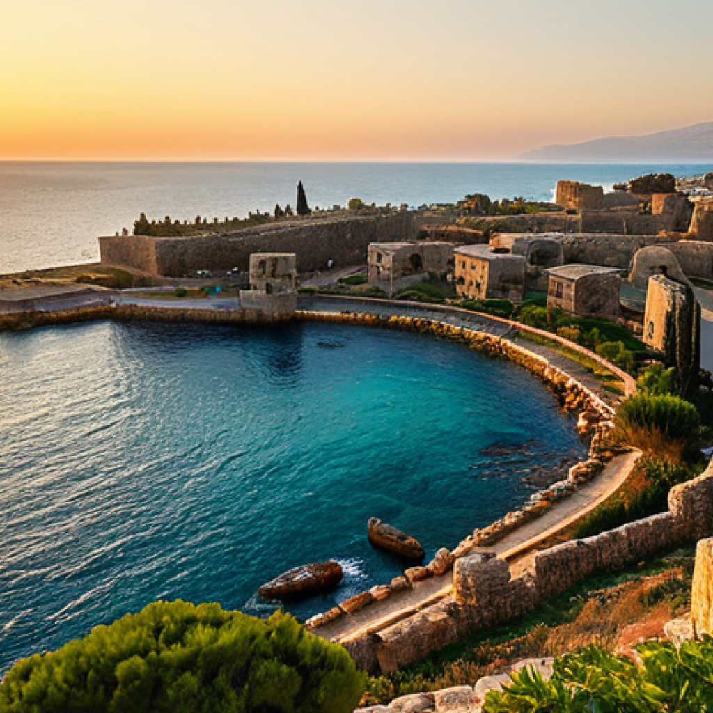 A breathtaking professional photograph showcasing the ancient Phoenician city of Byblos at sunset. Weathered stone ruins and a historic harbor are bathed in warm golden light, with the calm Mediterranean Sea stretching into the horizon. The scene evokes deep history and tranquility, captured with high resolution and cinematic lighting. Appropriate content, safe for work, family-friendly.