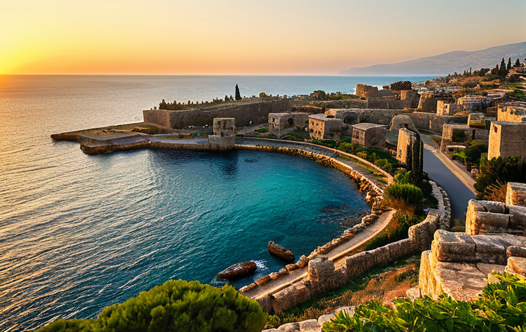 A breathtaking professional photograph showcasing the ancient Phoenician city of Byblos at sunset. Weathered stone ruins and a historic harbor are bathed in warm golden light, with the calm Mediterranean Sea stretching into the horizon. The scene evokes deep history and tranquility, captured with high resolution and cinematic lighting. Appropriate content, safe for work, family-friendly.