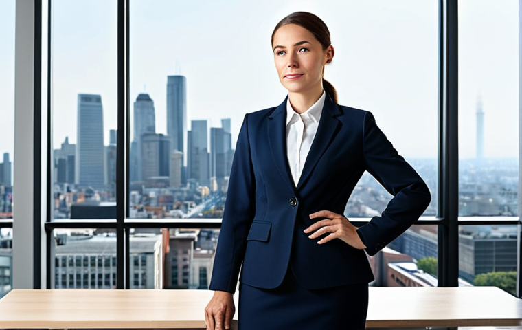 **

A professional businesswoman in a modest business suit, standing confidently in a modern office overlooking a cityscape, fully clothed, appropriate attire, safe for work, perfect anatomy, natural proportions, professional photography, high quality, bright and clean lighting.

**