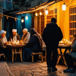 레바논 내 전기 및 인터넷 상황 - **Prompt:** A group of people in a dimly lit Lebanese street at night, embodying a sense of resilien...