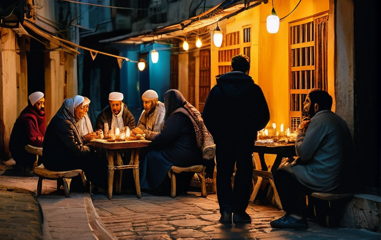레바논 내 전기 및 인터넷 상황 - **Prompt:** A group of people in a dimly lit Lebanese street at night, embodying a sense of resilien...