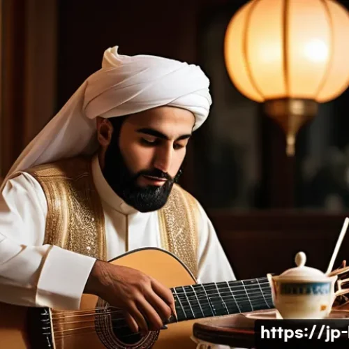 레바논 전통 악기  아우드 더르북 등 - **Prompt:** A skilled male musician, dressed in modest, traditional Lebanese attire, sits elegantly ...