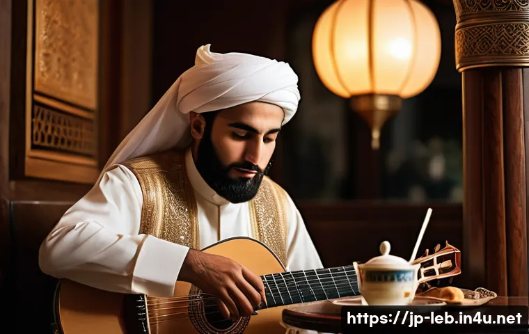 레바논 전통 악기  아우드 더르북 등 - **Prompt:** A skilled male musician, dressed in modest, traditional Lebanese attire, sits elegantly ...