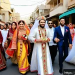 레바논의 웨딩 및 연애 문화 - A vibrant Lebanese wedding procession called "Zahra," featuring a bride and groom dressed in richly ...