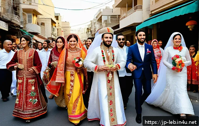 레바논의 웨딩 및 연애 문화 - A vibrant Lebanese wedding procession called "Zahra," featuring a bride and groom dressed in richly ...